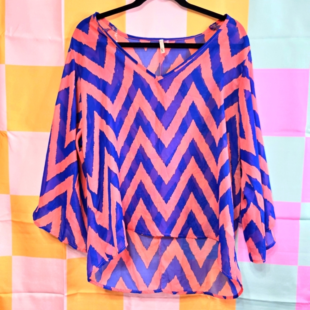 Voll Blue Pink Cheveron Sheer Hi Low Wide Sleeve Top Large
